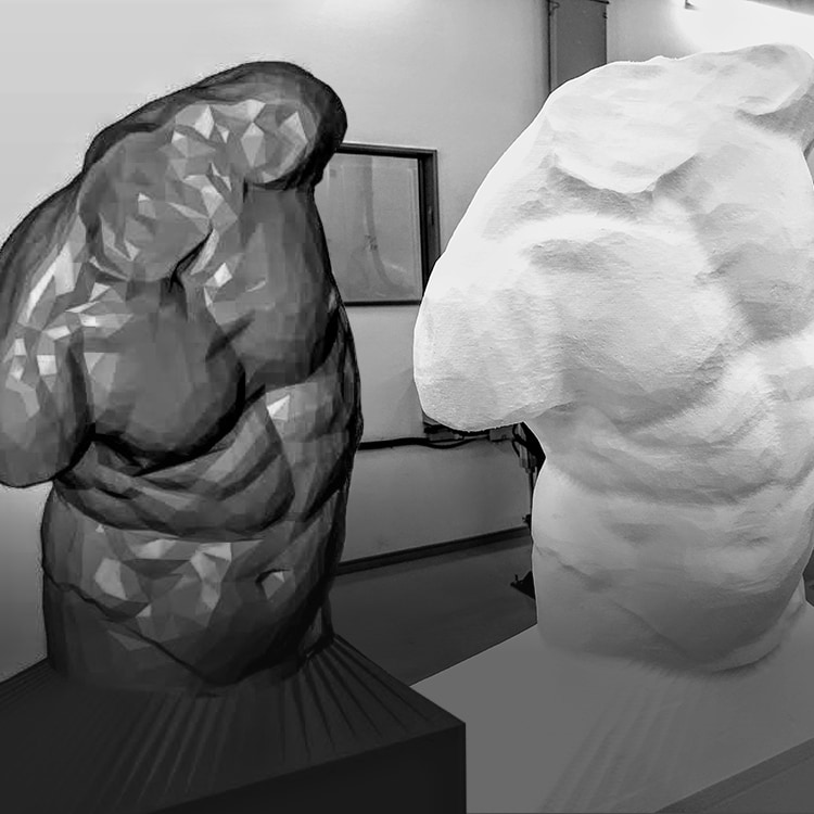 3Dデータがなくても物をスキャンして3Dデータを作り、発泡スチロール模型に加工することが可能。会社のキャラクター、社長や有名人などを3Dデータ化、発泡スチロール模型（等身大模型・オブジェ）にする企業増えています。